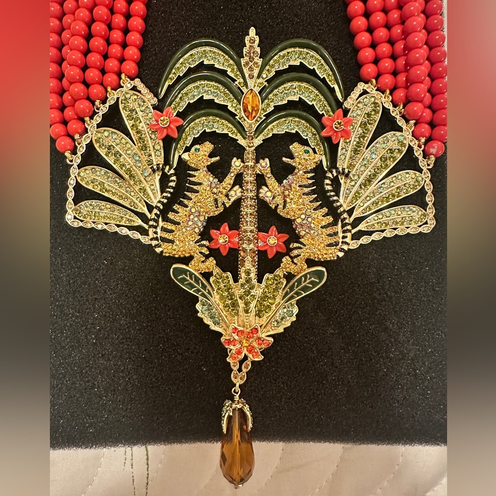 Heidi Daus Gold-Tone Necklace with Red Beads and Green Enamel Accents